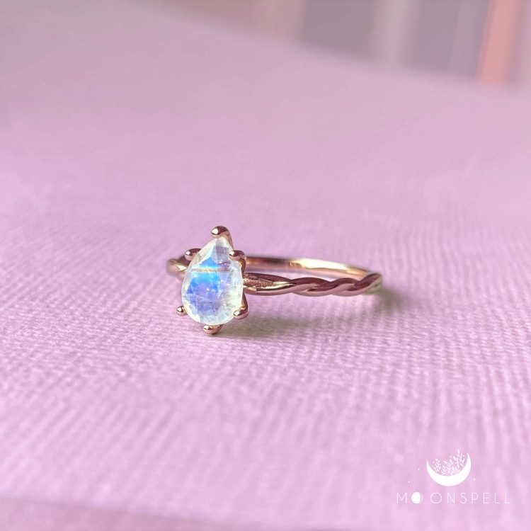 NZ moonstone ring rose gold aenor precious fine jewellery gift for her pear gemstone birthday handmade june birthstone elvish nature romantic drop tear gorgeous elegant