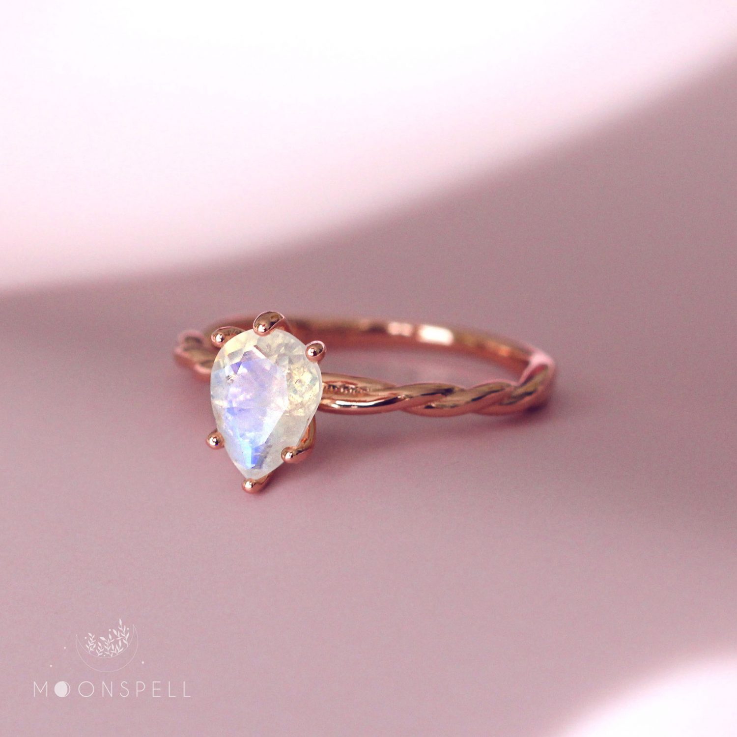 NZ moonstone ring rose gold aenor precious fine jewellery gift for her pear gemstone birthday handmade june birthstone elvish nature romantic drop tear gorgeous elegant