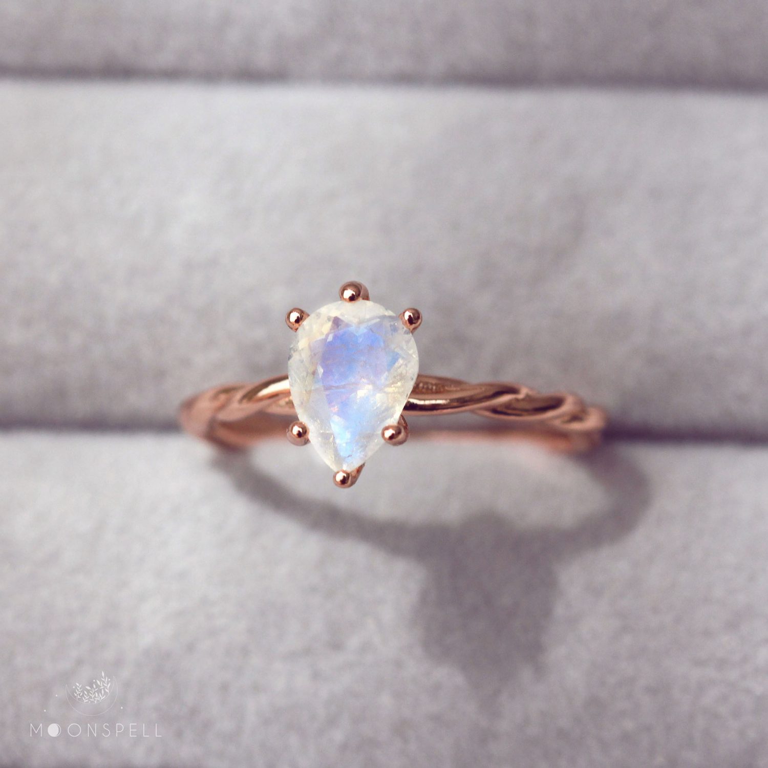 NZ moonstone ring rose gold aenor precious fine jewellery gift for her pear gemstone birthday handmade june birthstone elvish nature romantic drop tear gorgeous elegant