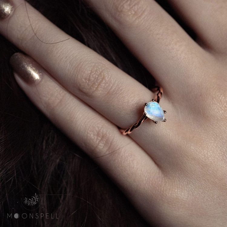 NZ moonstone ring rose gold aenor precious fine jewellery gift for her pear gemstone birthday handmade june birthstone elvish nature romantic drop tear gorgeous elegant