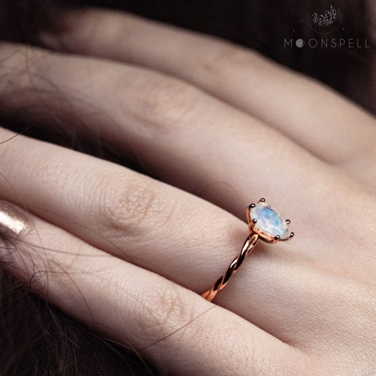 NZ moonstone ring rose gold aenor precious fine jewellery gift for her pear gemstone birthday handmade june birthstone elvish nature romantic drop tear gorgeous elegant