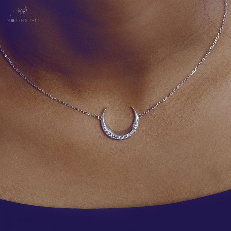 nz necklace Alvar viking symbol moon crescent zircon shiny sterling silver croissant silver zircons wicca wiccan witch jewellery