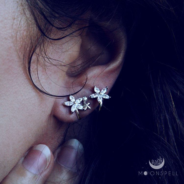 NZ climbing earrings fine jewellery flowers erell zircons sterling silver white gold romantic elvish magical nature