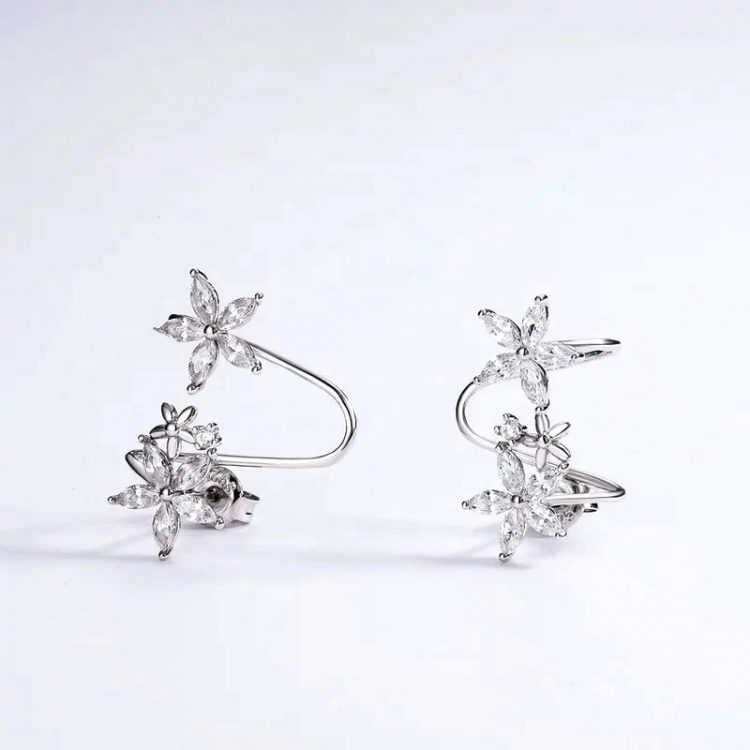 NZ climbing earrings fine jewellery flowers erell zircons sterling silver white gold romantic elvish magical nature