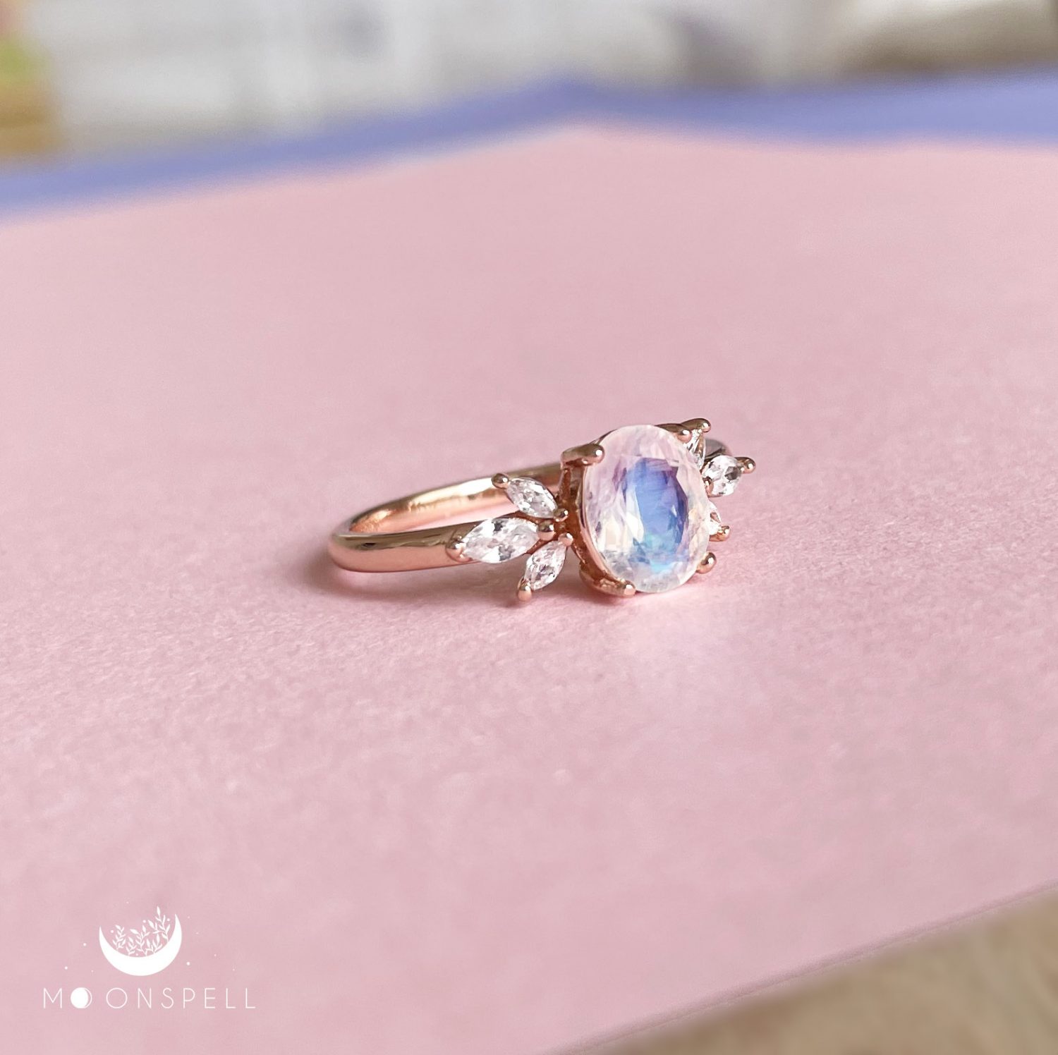 NZ moonstone ring oval floral fine jewellery sterling silver Loane rose gold rainbow elvish nature handmade romantic elegant magical gorgeous