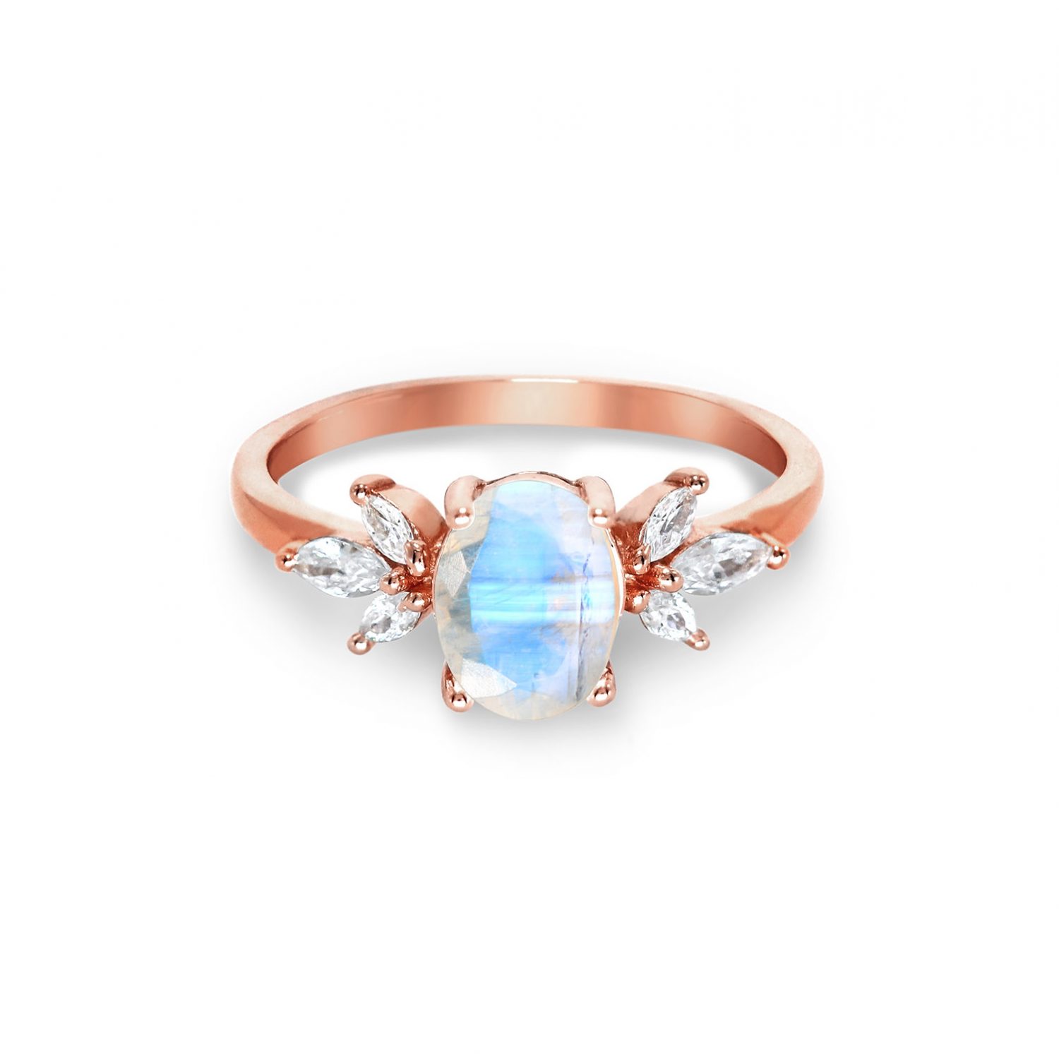 NZ moonstone ring oval floral fine jewellery sterling silver Loane rose gold rainbow elvish nature handmade romantic elegant magical gorgeous