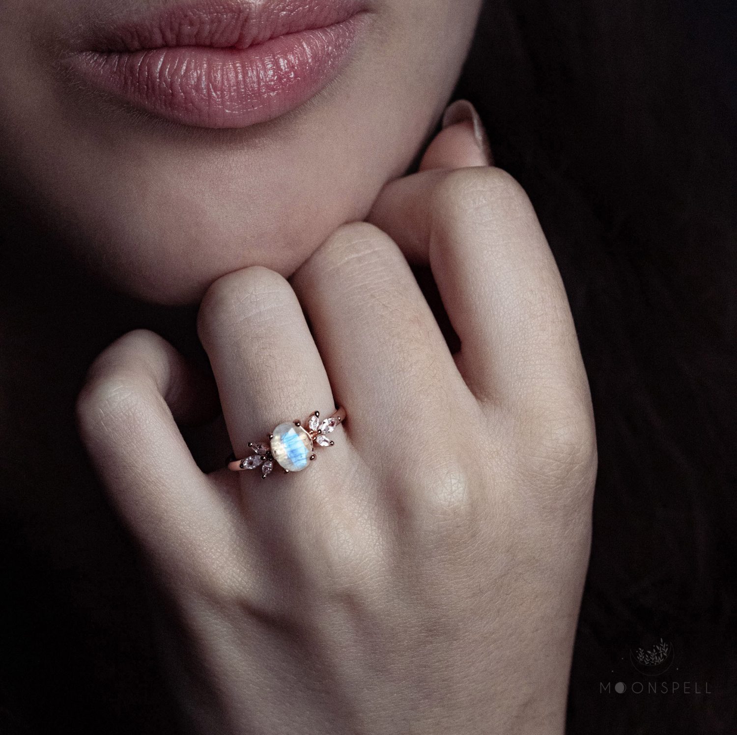 NZ moonstone ring oval floral fine jewellery sterling silver Loane rose gold rainbow elvish nature handmade romantic elegant magical gorgeous