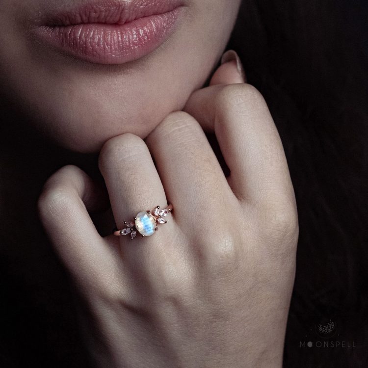 NZ moonstone ring oval floral fine jewellery sterling silver Loane rose gold rainbow elvish nature handmade romantic elegant magical gorgeous