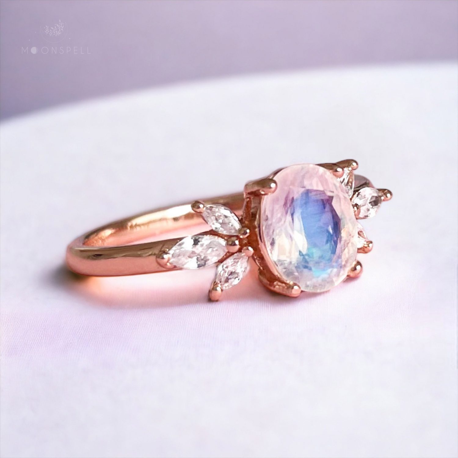 NZ moonstone ring oval floral fine jewellery sterling silver Loane rose gold rainbow elvish nature handmade romantic elegant magical gorgeous